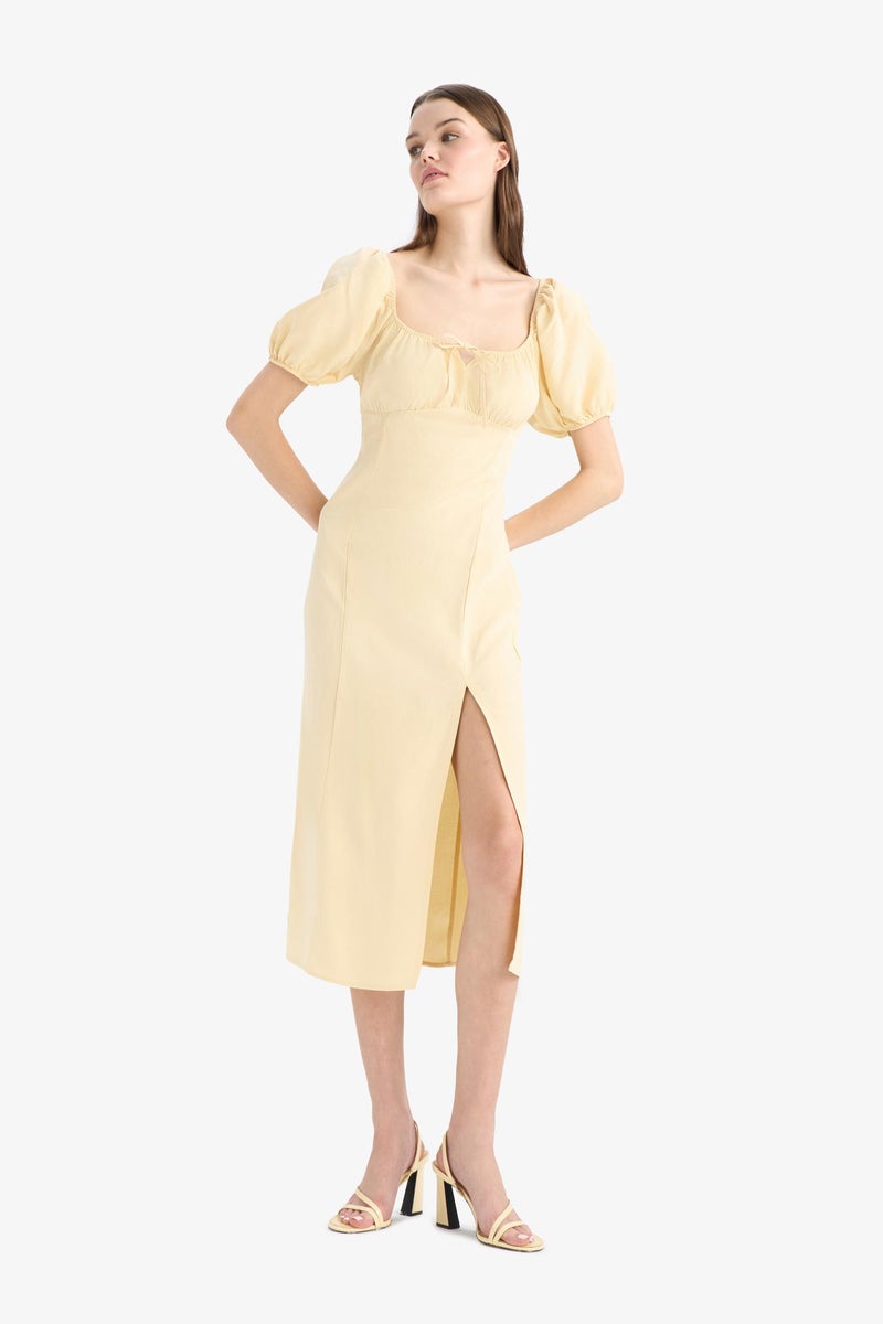 DeFacto Yellow Woman A Cut V Neck Linen Blend Short Sleeve Midi Dress Casual - Image 5